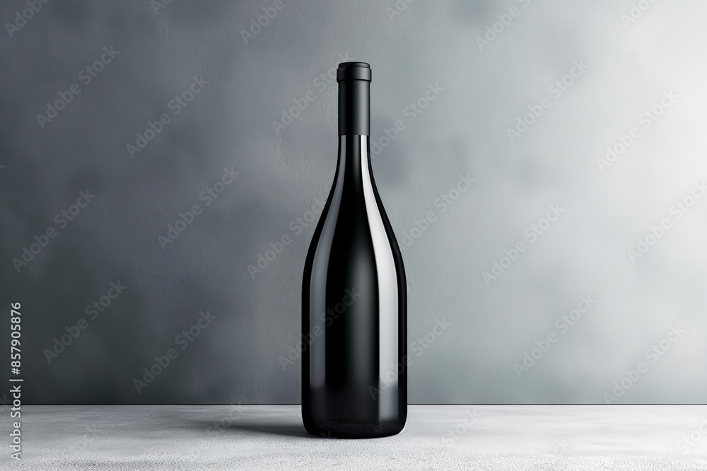 Poster an elegant black bottle on a textured white surface against a grey background, embodying a concept o