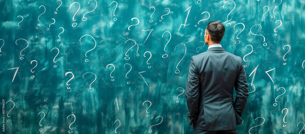 Poster man in a suit looking at a chalkboard covered with question marks, symbolizing concept of curiosity,