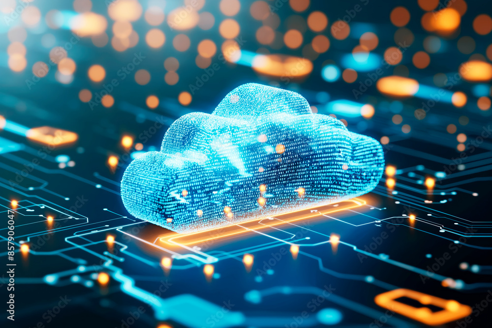 Poster Digital cloud on a circuit board background, glowing elements, concept of cloud computing. Generative AI