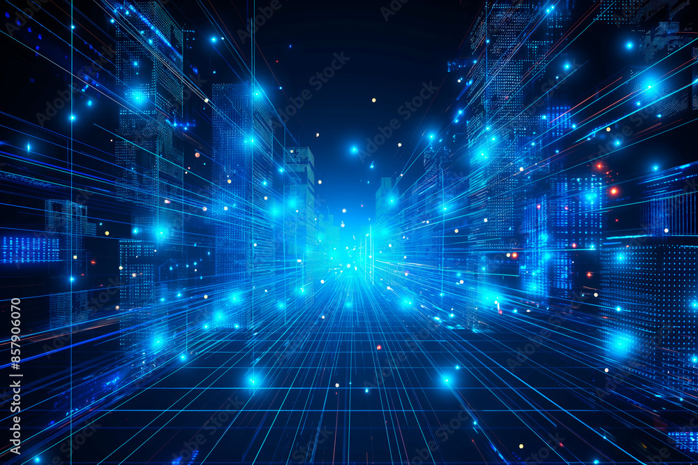 Poster Blue and black digital abstract background with glowing lines and dots, symbolizing network or data flow. Generative AI