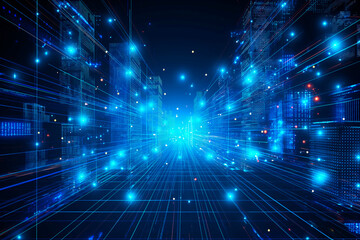 Obraz premium Blue and black digital abstract background with glowing lines and dots, symbolizing network or data flow. Generative AI