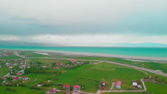 Aerial view of Turkey's Van city and its largest lake, Lake Van