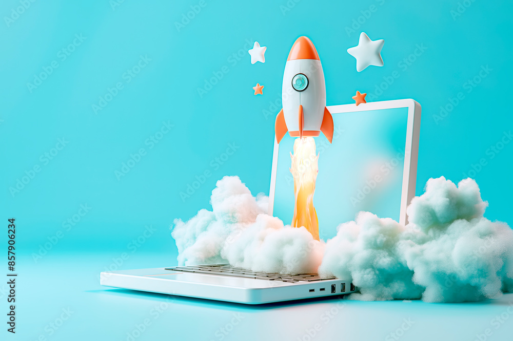 Poster a rocket launching from a laptop surrounded by clouds on a blue background, symbolizing startup succ