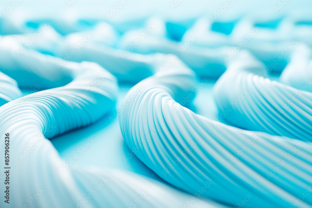 Poster abstract blue wavy shapes merge to create a flowing landscape, set against a light blue background, 
