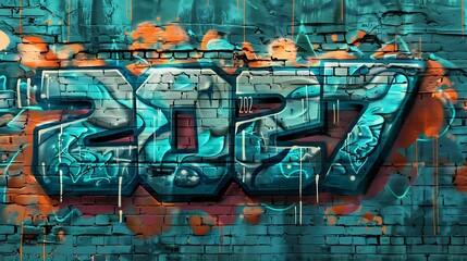 "2027" on an empty solid background with bright cyan color, in a graffiti street art style. 32k, full ultra hd, high resolution