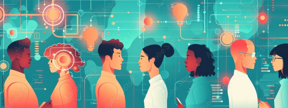Poster ai algorithm bias: an illustration of a diverse group of people interacting with an ai system, showi