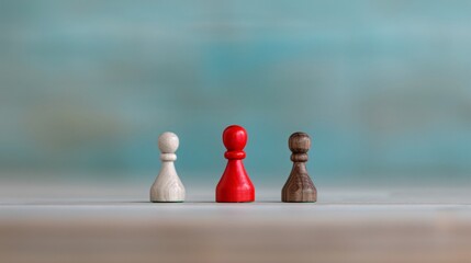 Three main perspectives emerges concept - Three Different Colored Chess Pawns on Wooden Surface with Blue Background