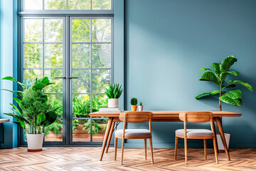 Fototapeta premium A well-lit dining area with wooden furniture and indoor plants, against a blue wall and window view, conveying a home decor concept. Generative AI