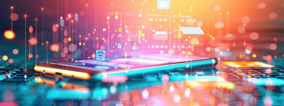 A vibrant, 3D-rendered image of a smartphone with holographic icons and applications floating around it