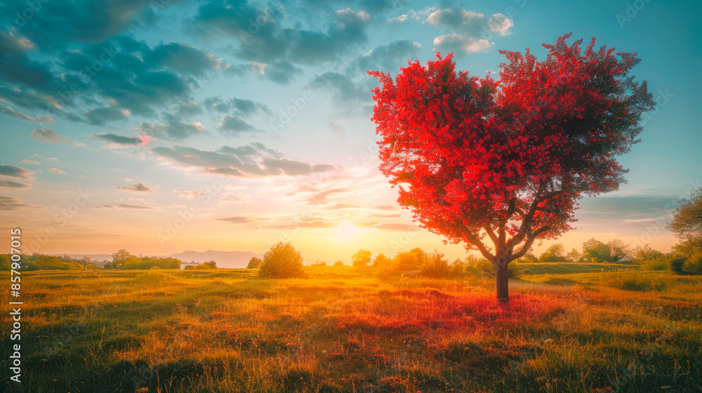 Poster A vibrant red tree in a golden field at sunset, with a soft-focus background conveying a concept of serenity. Generative AI