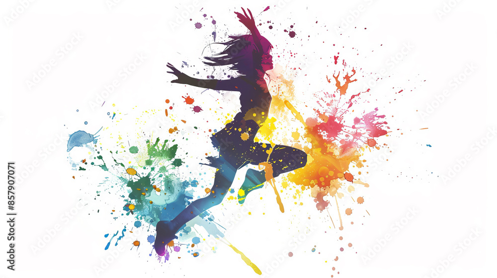 Poster a silhouette of a dancing person with vibrant splashes of paint on a white background, showcasing th