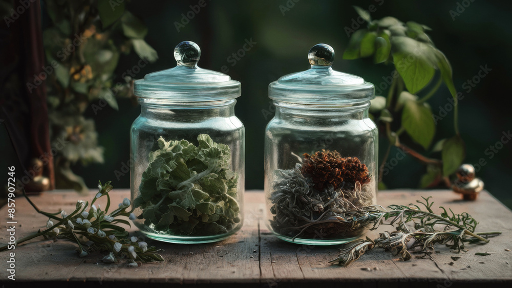 Wall mural detail of two glass jars with medicinal herbs on altar for esoteric rituals