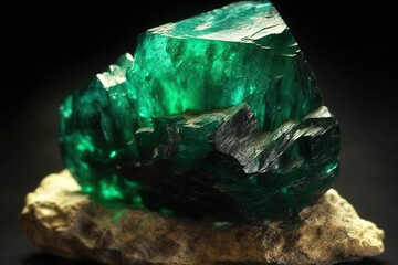 Torbernite fossil mineral stone. Geological crystalline fossil. Dark background close-up.