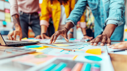 Fototapeta premium A collaborative team working with colorful documents on a table, concept of teamwork and planning. Generative AI