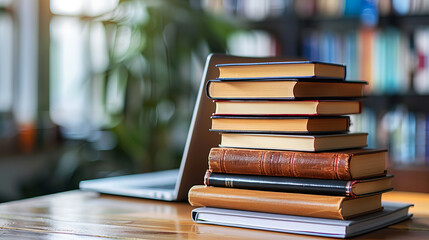 A stack of books on a table with a blurred library background, symbolizing education and knowledge. Generative AI