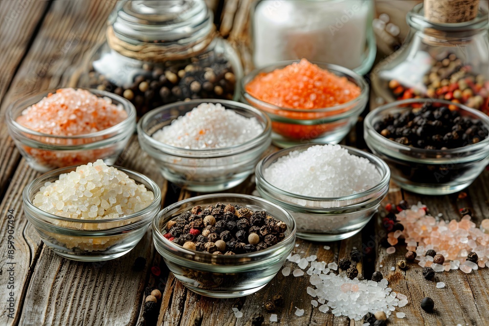 Poster a variety of salts and peppers are arranged in glass jars and bowls on a wooden surface. generative 