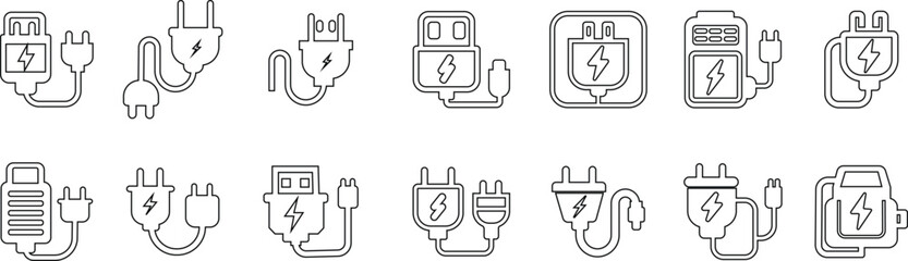 set of various charges icons line collection isolated on transparent background. charging vector format for various devices smartphone laptop tablet and smartwatch AC sockets with power plugs