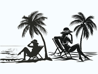 Summer vacation motif featuring a woman sitting by the seaside or beach side with the silhouette of a palm tree in the background.