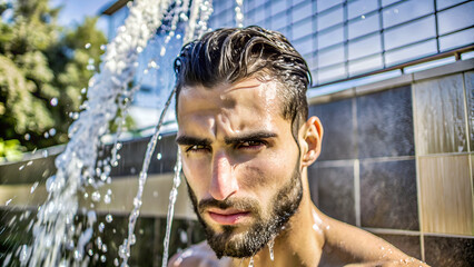 Fototapeta premium Handsome Brunette Man Enjoying an Outdoor Shower in a Tropical Setting