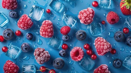 Fresh berries are natural fruits with a high content of vitamins and nutrients, embodying the concept of a healthy diet. Frozen raspberries, blackberries among the ice.