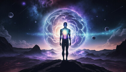 Fototapeta premium Virtual Human Silhouette with Aura Chakras on Space Nebula - 3D Illustration