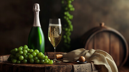 Obraz premium bottle of champaign with green grape and gold fabric background