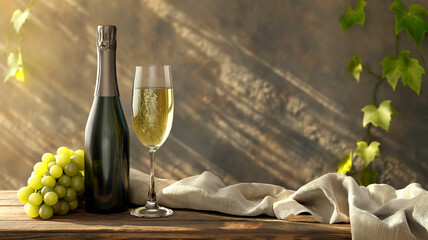 champaign bottle with whtie grape and grunge wall with lighting from sun