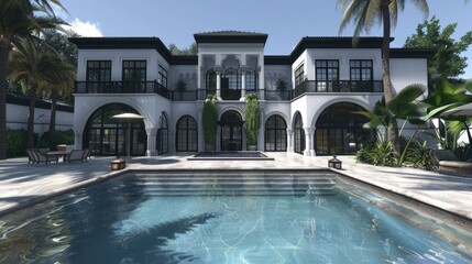 A modern white villa with a swimming pool and lush landscaping. The villa has a large patio with outdoor furniture and a balcony overlooking the pool