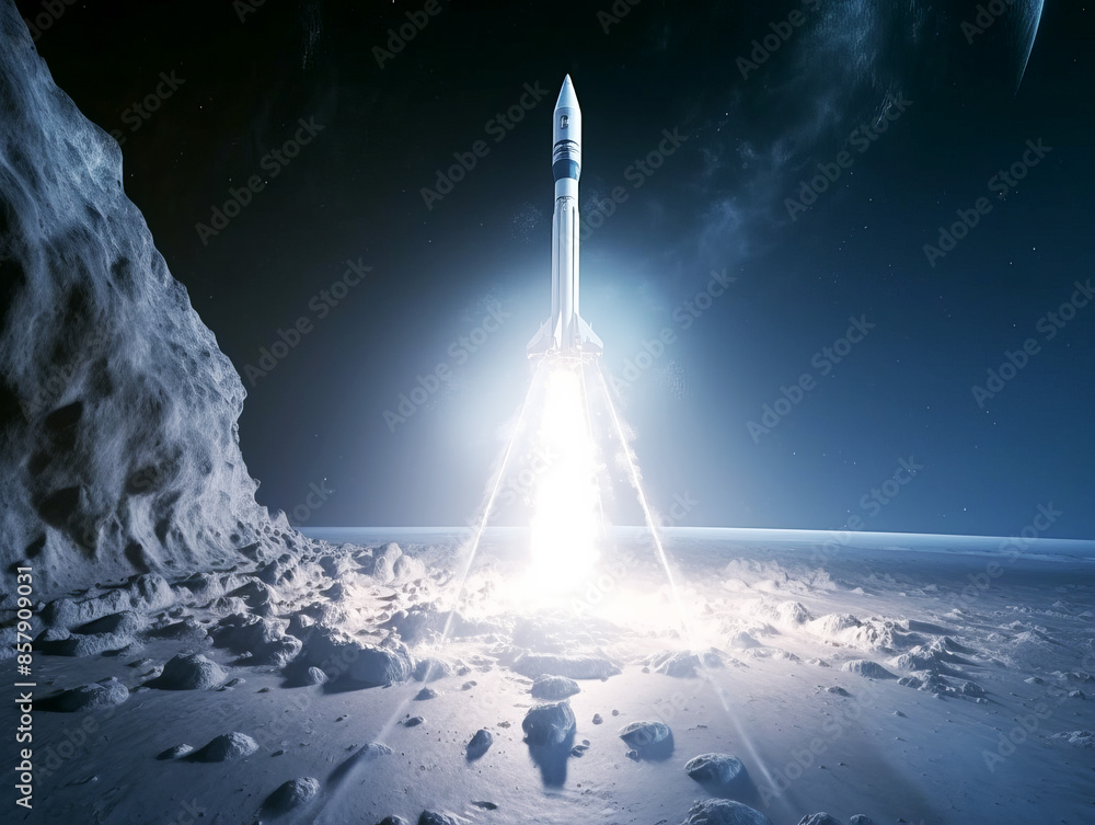 Poster rocket launch on a lunar surface, bright light, with a celestial background, concept of space explor