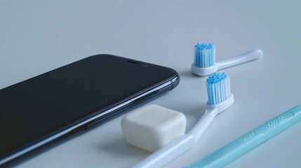 Toothbrushes and a Smartphone on a White Surface