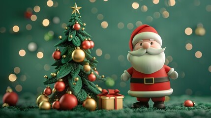 A 3D rendering of Santa Claus standing in front of a Christmas tree and a gift