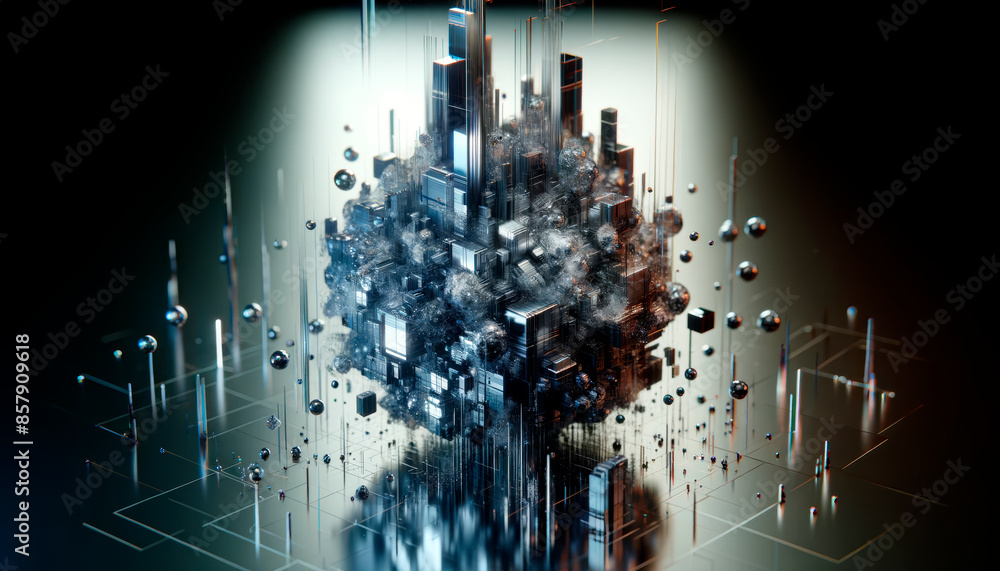 Poster Futuristic cityscape with towering structures and floating orbs on a digitally generated background, illustrating a cybernetic urban concept. Generative AI