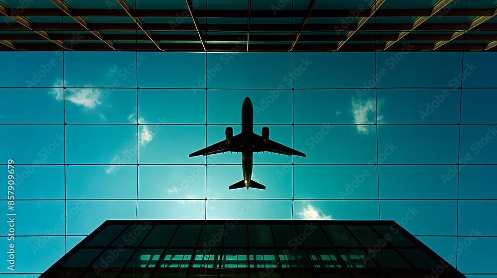 Poster silhouette of an airplane flying over a building against a blue sky, symbolizing travel and technolo