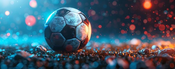 Fototapeta premium Soccer ball on the field with red and blue lights, motion blur background 3D illustration of football or soccer game concept Black metalic color,