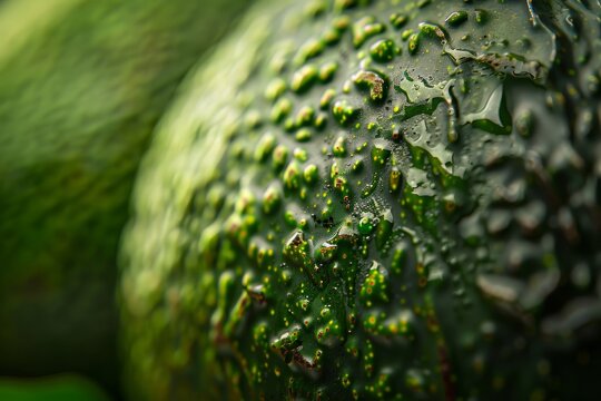 Close-up macro shot of ripe avocado texture and detailed skin surface, showcasing its natural patterns and rich green color