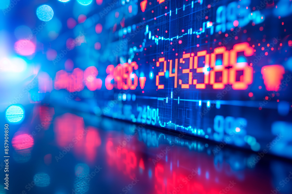 Poster abstract stock market numbers and graphs on a vibrant blue and red background, concept of financial 