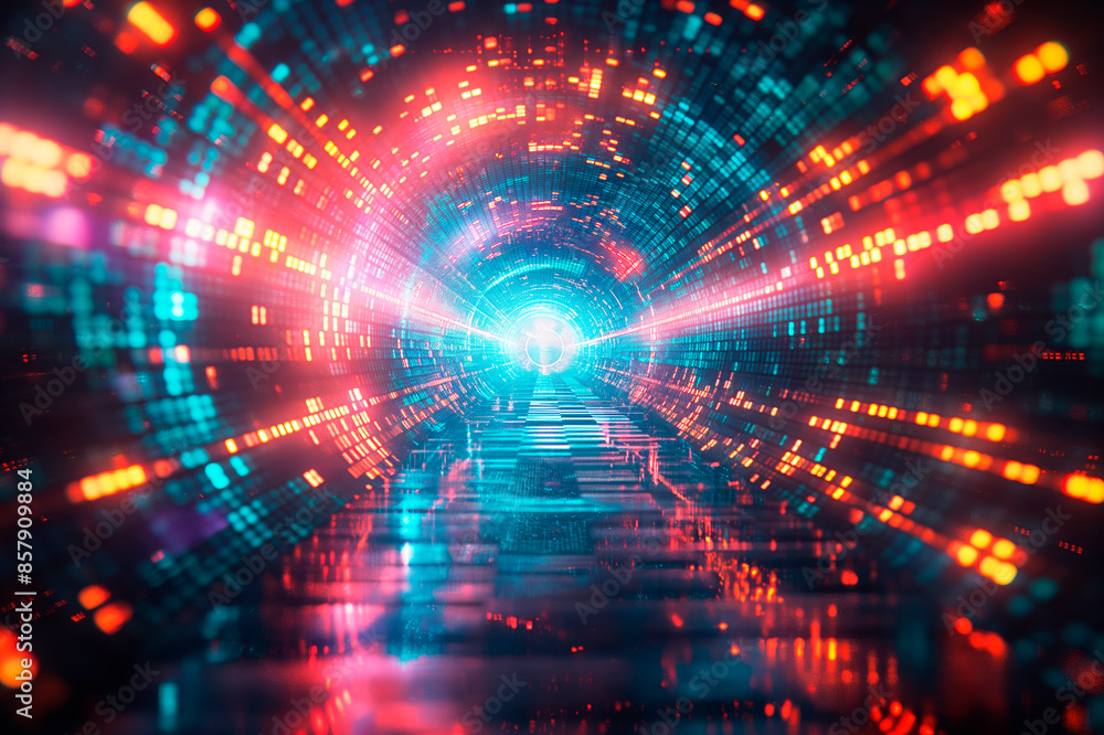 Poster a vibrant digital tunnel with glowing neon lights on a dark background, concept of cyberspace. gener