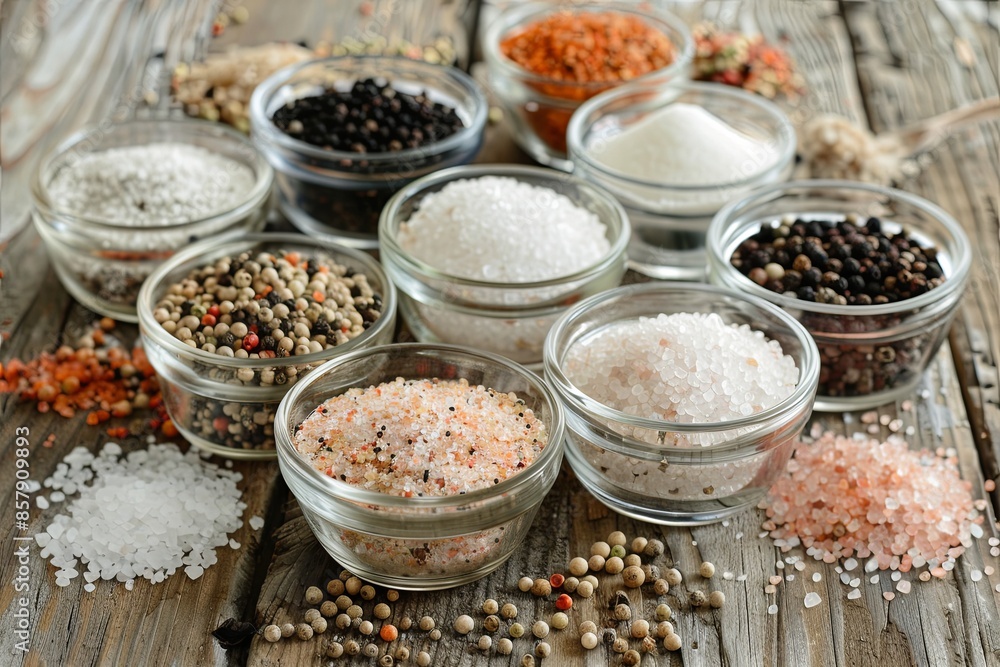 Poster close-up view of various types of salt and pepper in glass jars and bowls on a rustic wooden table. 