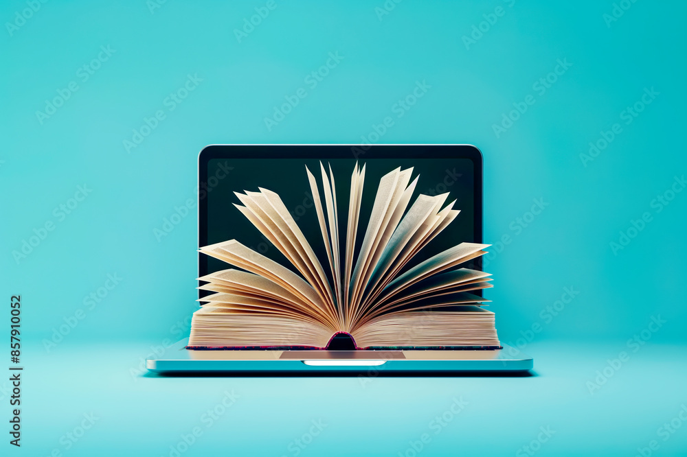 Poster an open book emerging from a laptop screen on a blue background, symbolizing online education. gener