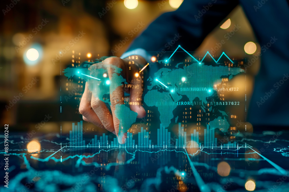 Poster a person interacts with futuristic holographic financial charts and global map on a dark background,
