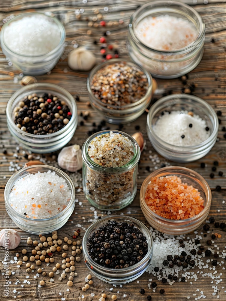 Poster a close-up shot of various salts and peppercorns in glass jars and small bowls, arranged on a rustic