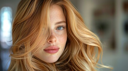 Portrait of a beautiful woman with flowing hair, soft waves, and freckles, captured in gentle, natural light with a soft background, radiating confidence and grace.