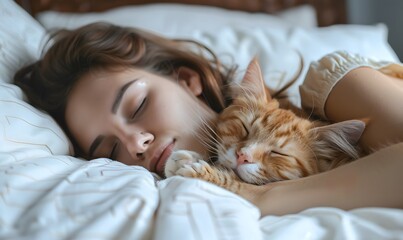 Obraz na płótnie Canvas A young woman sleeps in bed with a ginger cat, Generative AI