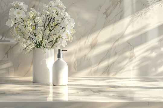 cosmetics bottles on marble table in light elegant bathroom, copy space