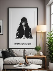 Frame mockup, ISO A paper size. Living room wall poster mockup. Interior mockup with house background. Modern interior design. 3D render