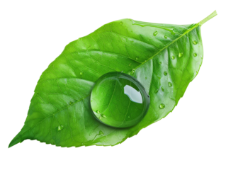 Close-up of a fresh green leaf with a large water droplet, symbolizing purity, nature, and freshness. Perfect for eco-friendly and organic themes.