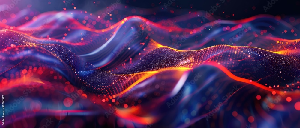 Poster dynamic flow and neon light, with particles and lines illustrating energy and motion in a modern, ge
