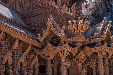 Buddhist Wooden Carvings Thailand Temple. Interior Sanctuary of Truth. Pattaya. Thailand.