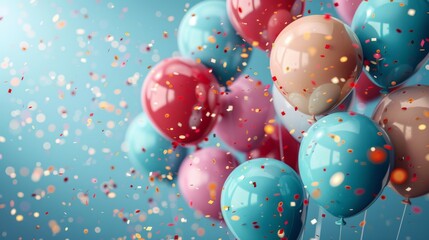 A festive arrangement of colorful balloons with confetti drifting in the background, creating a joyful and celebratory atmosphere perfect for parties and special occasions.