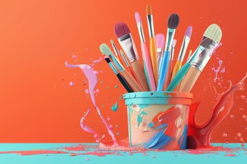 A colorful explosion of paint brushes pencils and other art supplies Concept of creativity and art